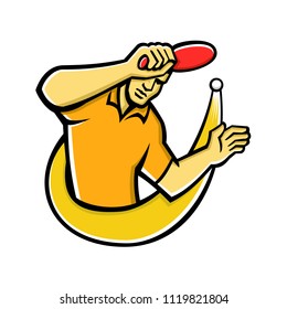 Mascot icon illustration of a table tennis or ping-pong player smash hit or smashing ping pong ball with paddle or racket viewed from front on isolated background in retro style.