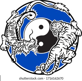 Mascot icon illustration of a tiger and Chinese dragon stalking and fighting with yin yang symbol in middle set inside circle on isolated background in retro style.