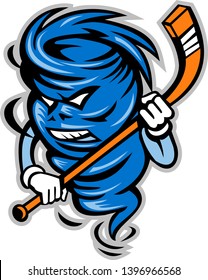 Mascot icon illustration of a tornado, twister or cyclone ice hockey player holding stick viewed from front on isolated background in retro style.