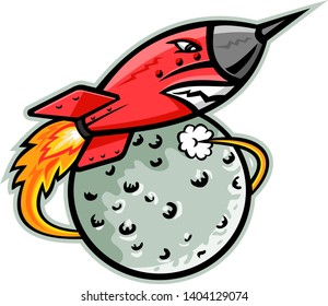 Mascot icon illustration of vintage rocket ship or spaceship launching, flying or taking-off from the moon on isolated background in retro style.