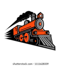 Mascot icon illustration of a vintage steam locomotive or train speeding in full speed coming up the viewer on isolated background in retro style.