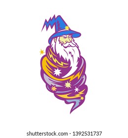 Mascot icon illustration of a wizard, warlock, magician or sorcerer wrapped up in a tornado wind or hurricane storm viewed from front on isolated background in retro style.