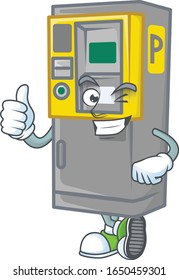Icono de mascota de la máquina de boletos de estacionamiento haciendo gesto de Thumbs hacia arriba