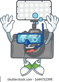 A mascot icon of photo camera with lighting wearing Diving glasses
