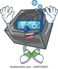 A mascot icon of power supply unit black color wearing Diving glasses