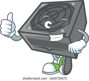 A mascot icon of power supply unit black color making Thumbs up gesture