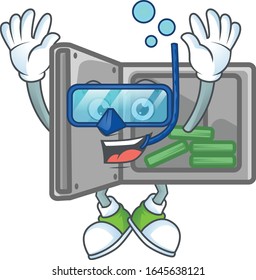 A mascot icon of security box open wearing Diving glasses