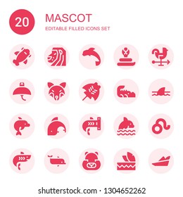 Mascot Icon Set. Collection Of 20 Filled Mascot Icons Included Shark, Lion, Dolphin, Cobra, Rooster, Manta Ray, Fox, Crocodile, Leo, Hamster, Headdress, Robin Hood