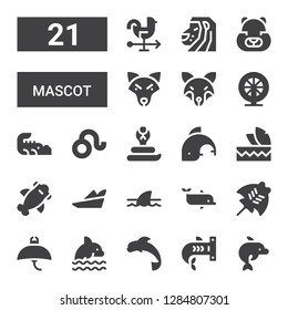 Mascot Icon Set. Collection Of 21 Filled Mascot Icons Included Dolphin, Shark, Manta Ray, Robin Hood, Headdress, Cobra, Leo, Crocodile, Hamster, Fox, Wolf, Lion, Rooster