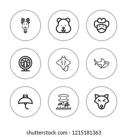 Mascot icon set. collection of 9 outline mascot icons with bandit, carnivorous plant, deer, hamster, manta ray, shark icons. editable icons.