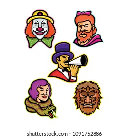 Mascot Icon Set Of Heads Of Circus Performers And Freaks Like The Bearded Lady Or Woman, Wolfman Or Wolfboy, Snake Lady Or Charmer, Circus Whiteface Clown And Circus Ringleader Or Ringmaster.