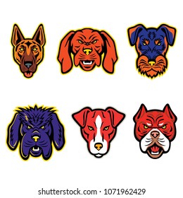 Mascot icon set of heads of working or hunting dogs like the German Shepherd, Hungarian Vizsla, Jagdterrier, Newfoundland Dog, Plummer Terrier and Red Tiger Bulldog  viewed from front isolated.
