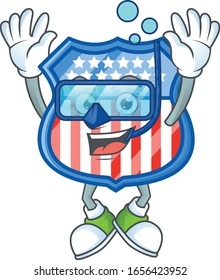 A mascot icon of shield badges USA wearing Diving glasses