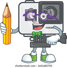 A mascot icon of Student action camera character holding pencil