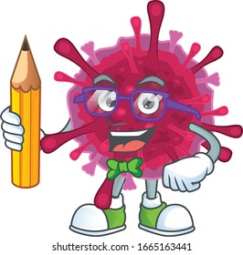 A mascot icon of Student amoeba coronaviruses character holding pencil