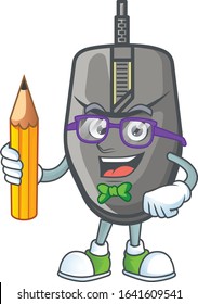 A mascot icon of Student black mouse character holding pencil