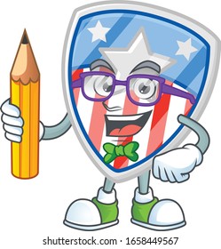 A mascot icon of Student shield badges USA with star character holding pencil