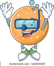 A mascot icon of sugar cookies wearing Diving glasses