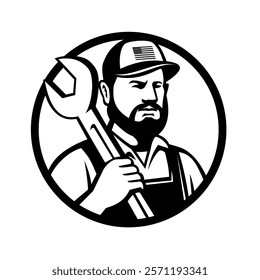 Mascot illustration of an American bearded hipster mechanic with spanner or wrench wearing hat baseball cap viewed from front set inside circle on isolated background in retro black and whiter style.