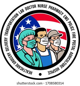 Mascot Illustration Of American Front Line Worker Like Nurse, Delivery, Transportation, Pharmacy, Police, Fire, Postal, Agriculture, EMS And Hospice Workers Wearing Surgical Mask Set Inside Circle.