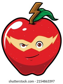 Ilustración de mascota con superhéroe de manzana aislado en fondo blanco.