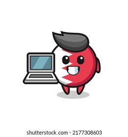 Mascot Illustration of bahrain flag badge with a laptop , cute style design for t shirt, sticker, logo element