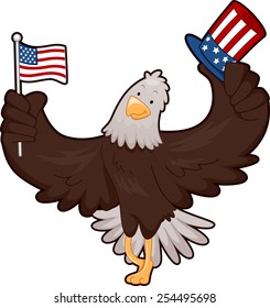 Mascot Illustration of a Bald Eagle Holding an American Flag and a Top Hat Designed With Stars and Stripes