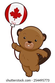Mascot Illustration of a Beaver Holding a Balloon Marked With the Canadian Flag