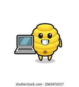 Mascot Illustration of bee hive with a laptop , cute design