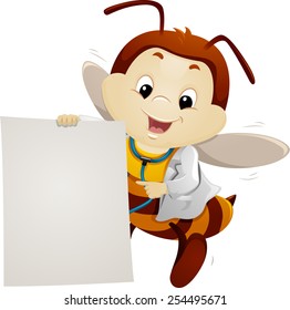 Mascot Illustration of a Bee in a Lab Coat Pointing to a Piece of Paper