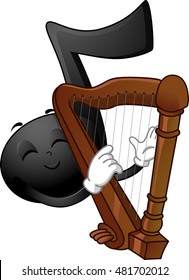 Mascot Illustration of a Black Musical Note Stroking the Strings of a Harp
