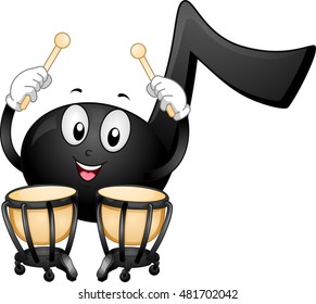 Mascot Illustration of a Black Musical Note Happily Pounding a Pair of Timpani