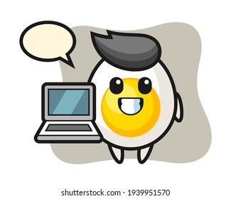 Mascot illustration of boiled egg with a laptop