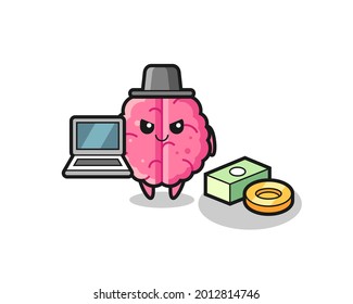 Mascot Illustration of brain as a hacker , cute style design for t shirt, sticker, logo element