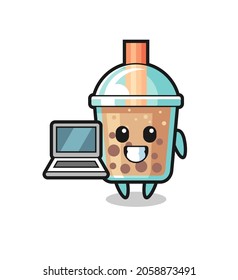 Mascot Illustration of bubble tea with a laptop , cute style design for t shirt, sticker, logo element