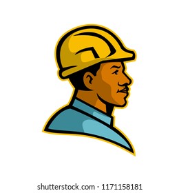 Mascot illustration of a bust of a African American builder or construction worker viewed from side on isolated white background done in retro style.