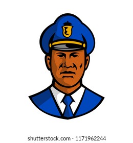 Mascot illustration of bust of an African American policeman or police officer wearing hat viewed from front on isolated white background done in retro style.