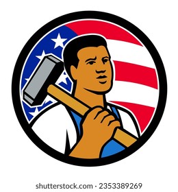 Mascot illustration of bust of John Henry, an American folk hero with sledgehammer with USA Stars and Stripes flag set inside circle viewed from side on isolated background in retro style.