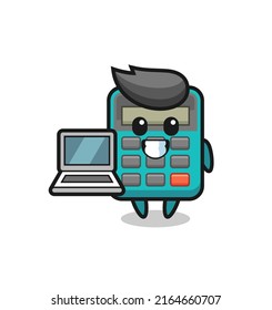 Mascot Illustration des Taschenrechners mit Laptop , süßes Design für T-Shirt, Aufkleber, Logo-Element