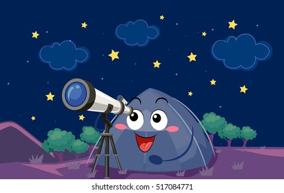 Mascot Illustration of a Camping Tent Observing Heavenly Bodies Using a Long Range Telescope