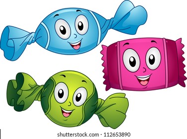 Mascot Illustration of Candies in Different Flavors Wrapped with Colorful Wrappers