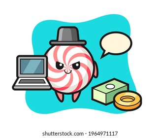 Ilustración en mascota de caramelos como hacker, diseño de estilo lindo para camiseta, pegatina, elemento logo