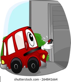 Mascot Illustration of a Car Opening the Garage with a Remote Control