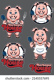 Mascot illustration with cartoon pig doing barbeque.