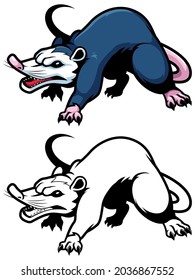 Mascot illustration of cartoon possum in 2 color versions.