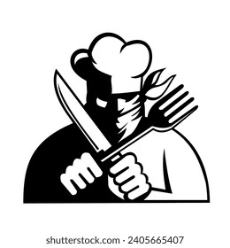 Mascot illustration of a chef cook or baker bandit wearing face mask holding a knife and fork viewed from front on isolated background done cartoon retro style.