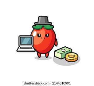Mascot Illustration of chili pepper as a hacker , cute design