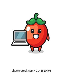 Mascot Illustration of chili pepper with a laptop , cute design