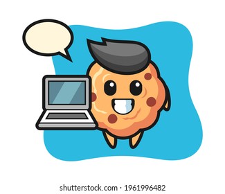 Mascot illustration of chocolate chip cookie with a laptop, cute style design for t shirt, sticker, logo element