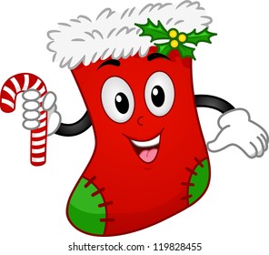 Mascot Illustration of a Christmas Sock Holding a Candy Cane